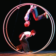 photo of two people performing a duo german wheel act on stage