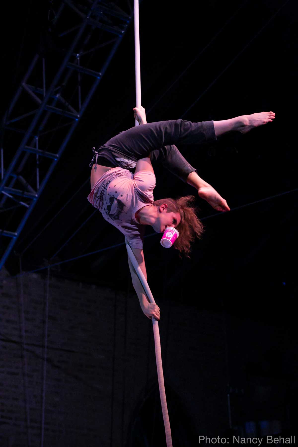 kim melohn performing on aerial rope